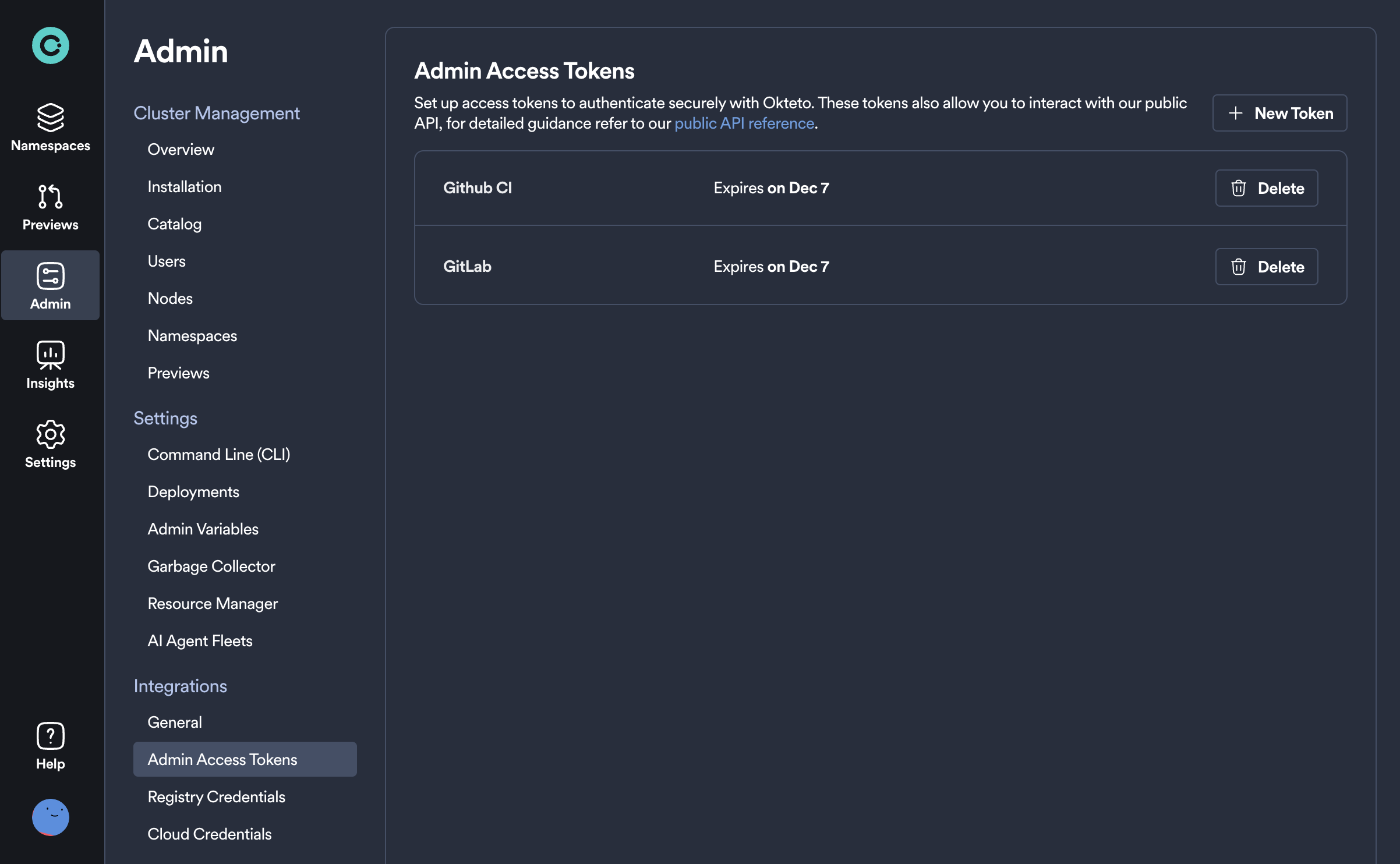 Admin Access Tokens view