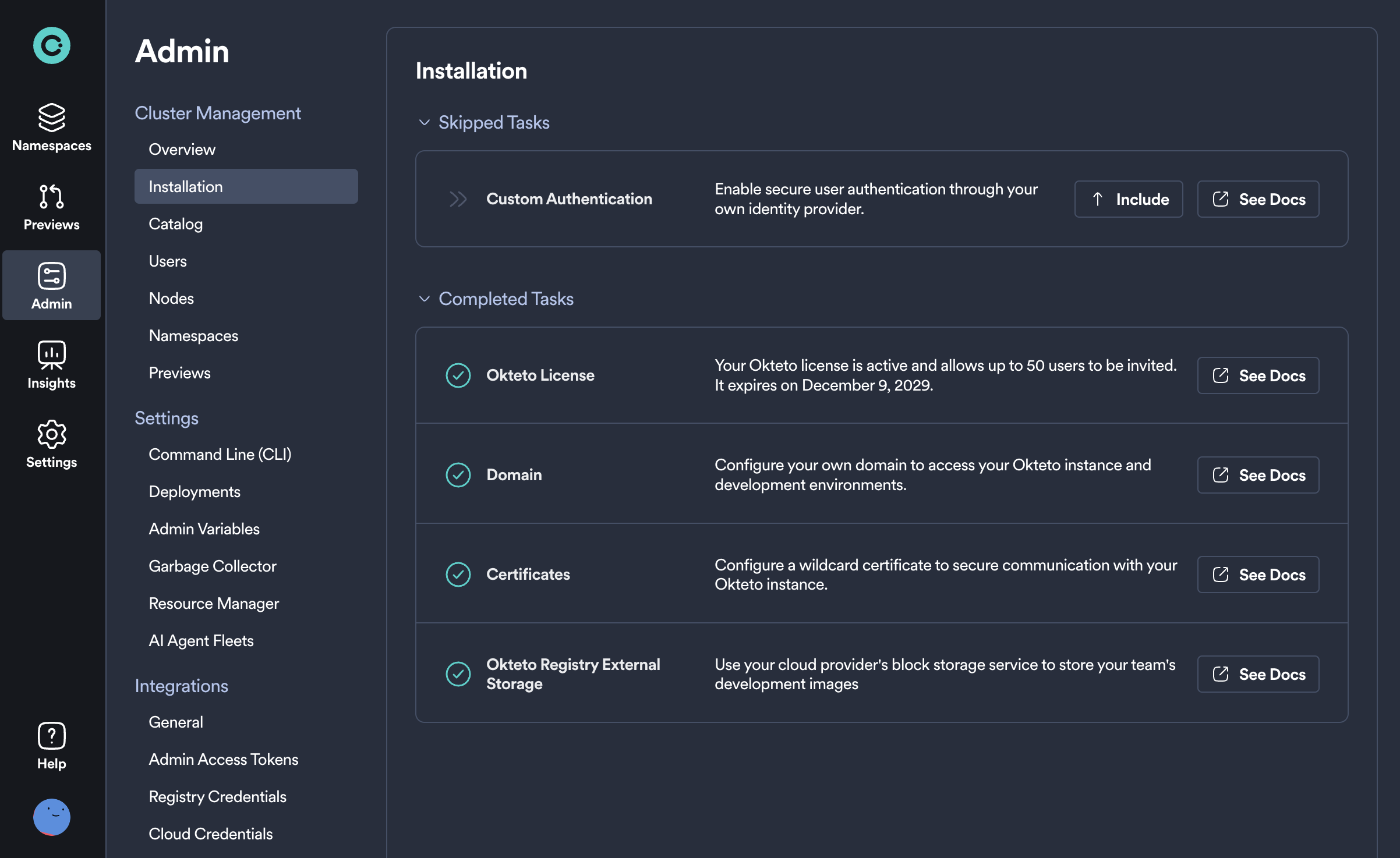Okteto installation view